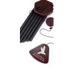 Set of dark wind chimes with burgundy wooden tops and a bird pendant