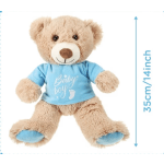 Teddy bear in a blue baby boy shirt
