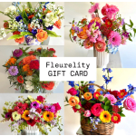 Fleurelity gift card design over a collage of bright mixed floral arrangements in vases and a basket