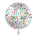 Round birthday balloon with colorful confetti and Spanish text