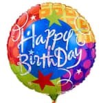 Round foil balloon with "Happy Birthday" text in bright colors