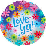 Round balloon with colorful flowers and the words "Love Ya!"