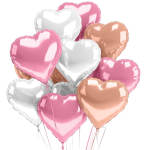 Cluster of heart-shaped pink, white, and rose gold balloons