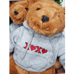 Two teddy bears in gray hoodies with red heart embroidery