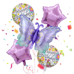 Butterfly and star birthday balloons with confetti