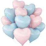 Cluster of pastel pink and blue heart-shaped balloons