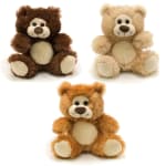 Three plush teddy bears in brown, tan, and orange fur