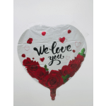 Heart-shaped balloon with red roses and "We love you" text