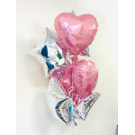 Cluster of pink and silver heart and star balloons