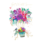 Colorful get well greeting card with a bright painted flower bouquet, birds, and gifts in a blue patterned pot.