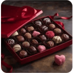 Box of assorted chocolates with a red ribbon and one pink heart-shaped chocolate