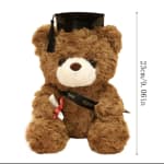 Brown teddy bear wearing a graduation cap and ribbon
