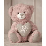 Pink teddy bear holding a heart with "love you" text