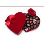 Heart-shaped box of assorted chocolates with a red ribbon and rose decoration