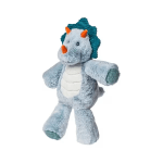 Plush blue dinosaur toy with orange horns on a white background