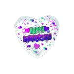 Heart-shaped balloon with "Happy Anniversary" text and confetti graphics