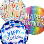 Three birthday balloons with colorful Happy Birthday text