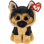 Small plush dog with large glittery eyes and a heart-shaped Ty tag