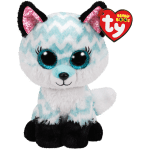 Plush fox toy with blue-and-white fur and a Ty heart tag
