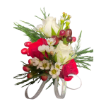 Bouquet of red and white roses with small white blossoms and greenery