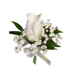 White rose boutonniere with baby's breath and a silver ribbon