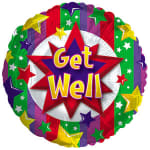 Round multicolor foil balloon with "Get Well" text