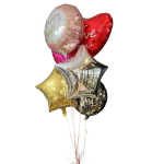 Cluster of birthday balloons in gold, red, pink, and black