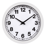White wall clock with black numbers and hands