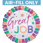 Round foil balloon reading Great Job in colorful letters