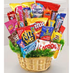 Basket of assorted snack bags arranged like a bouquet