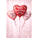 Three heart-shaped Valentine balloons with pink ribbons