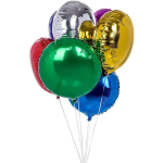 Cluster of metallic balloons in green, gold, blue, red, silver, and purple