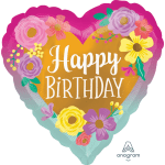 Heart-shaped birthday balloon with floral decorations and "Happy Birthday" text