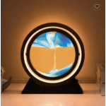 Circular illuminated tabletop decor with blue and orange abstract design