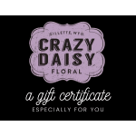 Gift certificate graphic with a floral logo and text on a black background