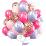 Cluster of pink, lavender, and rose gold balloons with confetti balloons