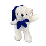 White teddy bear with a blue ribbon and floppy blue hat