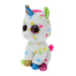 Plush unicorn toy with glittery horn and colorful spots