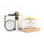 Gift set with lemongrass hand salve, lip balm, and soap