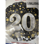 Packaged black and gold number 20 balloons with star pattern