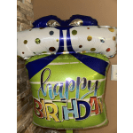 Birthday gift balloon with a wrapped present design and "happy BIRTHDAY" text