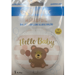 Round baby shower balloon with a teddy bear and "Hello Baby" text