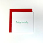 Minimal white happy birthday card with teal text and a red envelope behind it