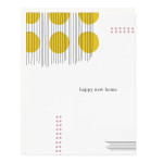 White 'happy new home' greeting card with yellow circles and pink dot accents