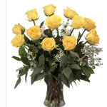 DOZEN LONG STEMMED YELLOW ROSES WITH FILLER AND VASE