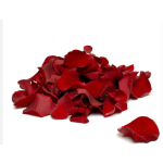 Pile of red rose petals on a white background