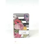 Box of handcrafted soap with floral print and black stripes
