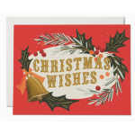 Christmas wishes card with holly, berries, and a bell illustration