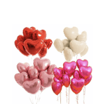Clusters of heart-shaped foil balloons in red, cream, pink, and hot pink