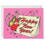 Pink New Year card with a cartoon figure and fireworks